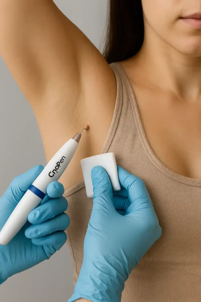 woman having cryopen to remove underarm skin tags Ryton-on-Dunsmore
