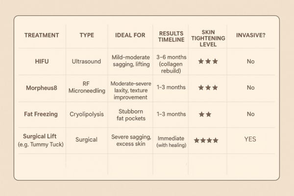Table showing the comparisons of Skin tightening Ryton-on-Dunsmore treatment options. 
